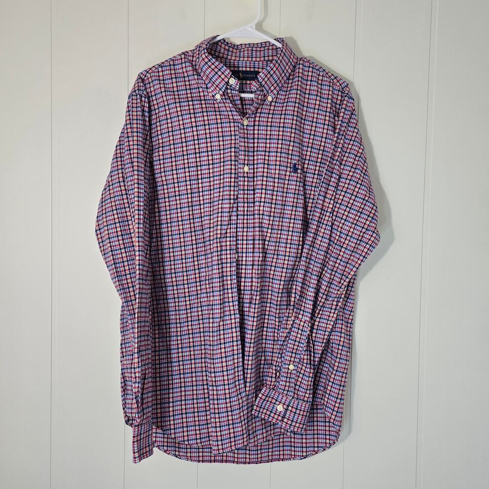 Ralph Lauren Red Plaid Long Sleeve Button Down Shirt, preppy, mens size Large